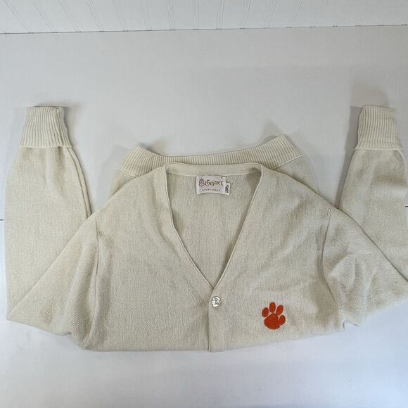 Vtg. 80's Clemson Univ. Gepner Mens Cardigan Sweater White W/ Org Paw Sz Lg - Picture 7 of 11